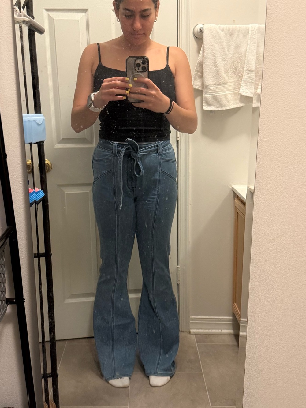 Express High-Waist Tie Front Flared Jeans - Blue